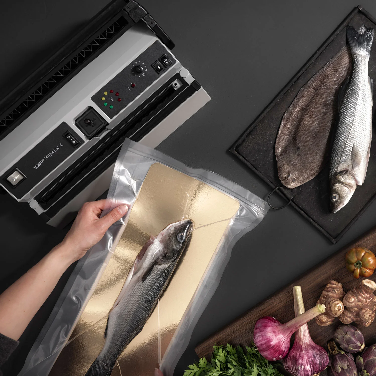 V200PX_Topdown_Forelle LaVa V200 Premium X Vakuumierer mit Fisch